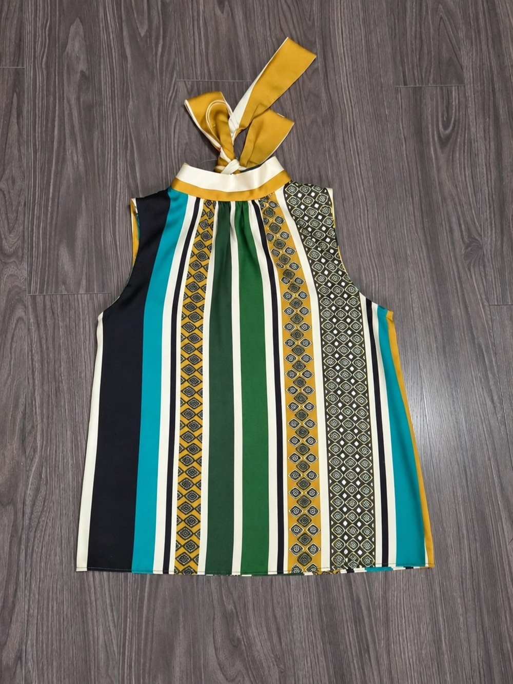 Mango Multi-Stripe Halter Tie-Neck Camisole in Teal, Green & Mustard